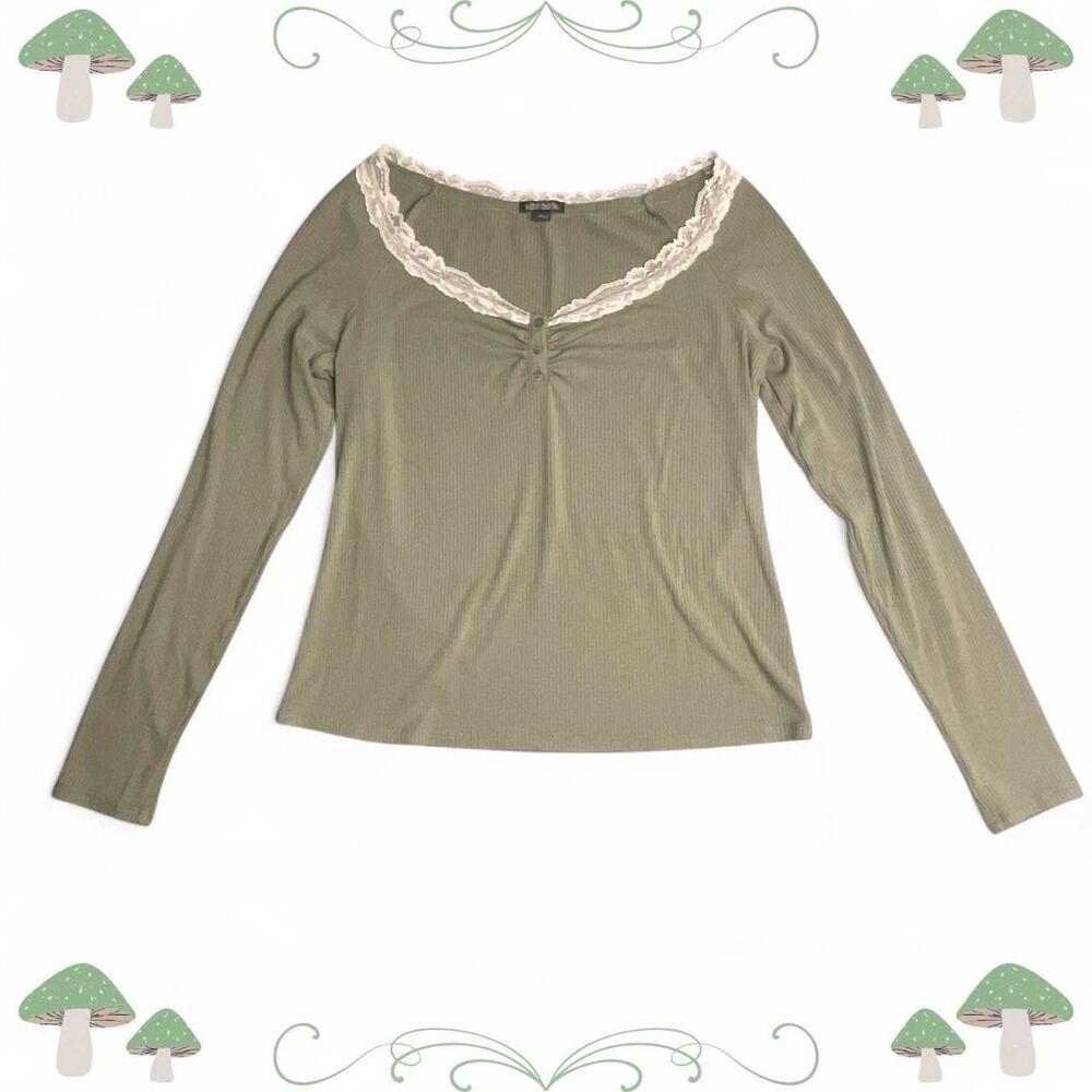 Wild Fable Sage Green Ribbed Lace Trim Long Sleeve Top